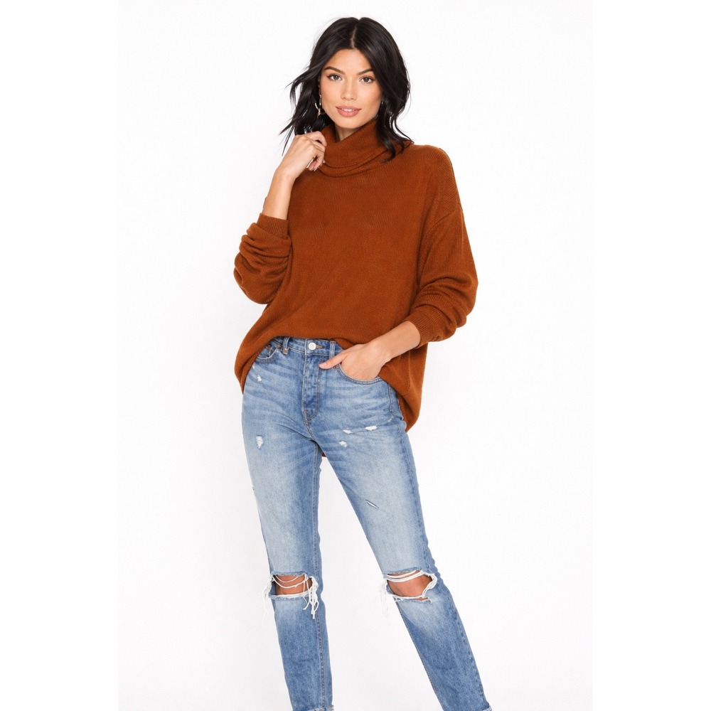 Free People Ribbed Turtleneck Oversized Tunic Sweater XS Brown Terracotta Cozy